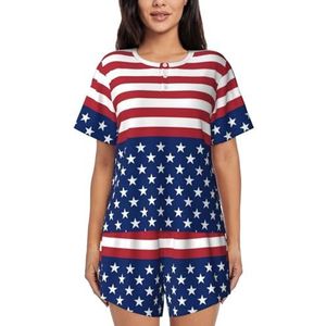 RIVETECH Amerikaanse vlag sterren strepen print dames pyjama set korte mouwen - comfortabele korte sets, mouwen nachtkleding met zakken, Zwart, XL