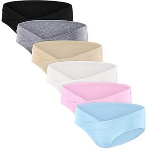 HBselect 6 Pack Vrouwen Onder De Buil Zwangerschap Slipje Bikini Katoen Zwangerschap Ondergoed, zwart + grijs + wit + blauw + beige + roze, L