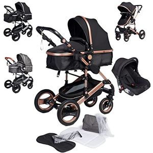 Bronea EXQUISE combi-kinderwagen 3-in-1 incl. matras, keuze uit kleuren, buggy, autobabyschaal, inklapbaar met luiertas, regenbescherming, muggenbescherming en zonwering, kleur: zwart/champagne