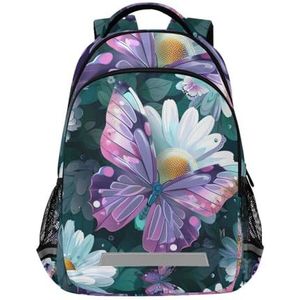 Wzzzsun Witte madeliefjes paarse vlinder rugzak boekentas reizen dagrugzak school laptop tas voor tieners jongen meisje kinderen, Leuke mode, 11.6L X 6.9W X 16.7H inch
