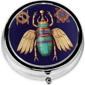 Schattige Egyptische Scarabee draagbare pillendoos - ronde pillenorganisator, doseerkoffer, 3 compartimenten medicijnpillendoosje voor reizen, kleine pillendoos voor portemonnee en zak