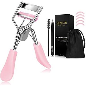 Zowor Wimperkruller met kam geschikt voor alle oogvorm gebogen wimperkrulspelden, natuurlijke en langdurige wimperkruller voor vrouwen, make-up cadeau (roze)