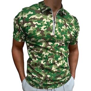 Militair Groen Camouflage Poloshirt voor Mannen Casual Rits Kraag T-shirts Golf Tops Slim Fit