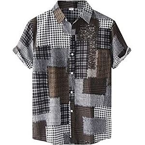 HJUGHPN Heren Shirts Mode Geruite Print Heren Shirt Korte Mouw Knop Turn-Down Shirts Voor Mannen Casual Shirt Man, Bruin, L