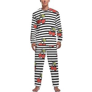 Cherry And Stripes Zachte Heren Pyjama Set Comfortabele Lange Mouw Loungewear Top En Broek Geschenken M