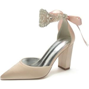 HFWXYSA Dames Puntige Neus Bruids Pumps Chunky Blok Hoge Hakken Jurk Feest Trouwschoenen Strass Enkelbandje Hof Schoenen,Champagne,39 EU