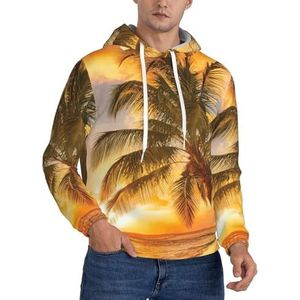 JEJEA Tropisch strand palmboom zonsondergang print heren sweatshirt capuchon trekkoord hoodies trui lange mouwen trui voor dagelijks gebruik, Zwart, S