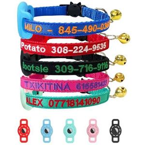 Airtag Kattenhalsband, gepersonaliseerde nylon ontsnapping kattenhalsband geborduurd met huisdiernaam en telefoonnummer met waterdichte Airtag-houder hoes en bel (massief)