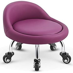 Rolstoel lage kruk, ronde kruk met wielen Leren zitkussen rugleuning, draaibare katrol lage kruk for manicureruimte, hurken for huishoudelijk werk, studio, loungeruimte (Color : Purple)