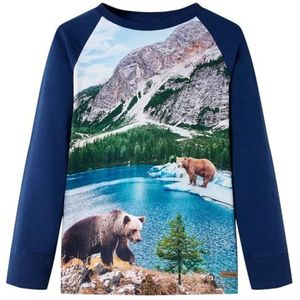 Kindershirt met lange mouwen beren en landschapprint 104 marineblauw