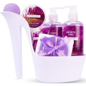 Draizee Cadeauset met hielschoenen, leuke cadeauset met lavendel geparfumeerde badbenodigdheden, met douchegel, bubble bad, bodyboter, bodylotion en zachte EVA-badpoef, luxe ontspanningsgeschenken