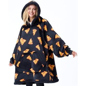 Giggling Getup Draagbare deken hoodie - oversized flanel sherpa fleece sweatshirt deken voor volwassenen, kinderen, vrouwen en mannen, zwarte pizza, Erwachsener