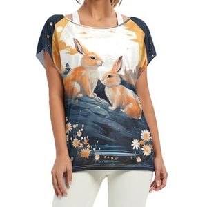 Floral Moon Bunnies korte vleermuismouwen shirt ronde hals T-shirts losse tops voor meisjes, Patroon, M