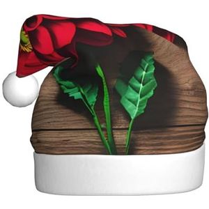 SSIMOO Houten plank retro bloem rode dahlia volwassen pluizige kersthoed - feestelijke decoratie hoofddeksels voor feesten en feestdagen