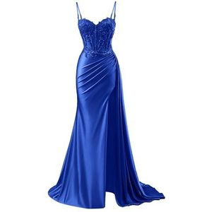 KURFACE Satijnen galajurken voor dames met split kant applicatie spaghettibandjes beroemdheden optocht jurk formele jurk, koningsblauw, 32