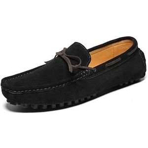 Loafers for heren Nubuck lederen mocassins met vierkante neus Bootschoenen Lichtgewicht comfortabele platte hak Wandelen Outdoor Slip-on (Color : Black, Size : 39 EU)
