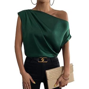 dames topjes Solid Asymmetrical Neck Satin Blouse (Color : Dark Green, Size : Small)