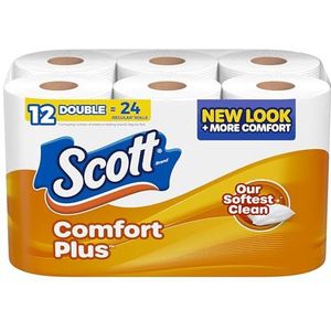 Scott ComfortPlus Toiletpapier, 12 dubbele rollen, 231 vellen per rol, septicbestendig, 1-laags toiletpapier