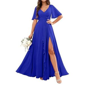 KURFACE Chiffon bruidsmeisjesjurken met mouwen split ruches lange bruidsmeisje formele avondjurk, koningsblauw, 32