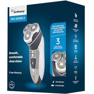 Paul Anthony Pro Series 3 Titanium draadloze lithium USB roterende scheerapparaat voor heren, 3 titanium stalen flexibele hoofden/90 minuten gebruik/wasbare kop/comfortabele rubberen grip - zwart -