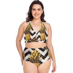 Art Zigzag Ananas Fruit Vrouwen Bikini Sets Plus Size Badpak Twee Stukken Hoge Taille Strandkleding Meisjes Badpakken, Pop Mode, 3XL