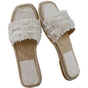 ZYFHYU Stro Slippers Parel Platte Sandalen Vrouwen Strand Slippers Voor Vrouwen, Beige, 43 EU