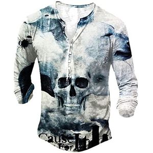 keephen Mode Vintage 3D Schedel Gedrukt Mannen T-Shirt Slim Fit Lange Mouw V-hals Lente Herfst Harajuku T-shirts, # 2, S