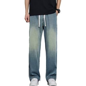 Elastische Taille Trekkoord Denim Broek Voor Heren Baggy Straight Casual Lichtgewicht Jeansbroek Met Zakken,Light blue,3XL