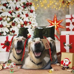 WSOIHFEC Grappige hond print Kerst Gift Bag met Trekkoord Kerstman Wrapping Bag Xmas Present Zakken met Gift Tag Opbergtas voor Kerstmis Bruiloft Thanksgiving Kerstdecoratie Klein