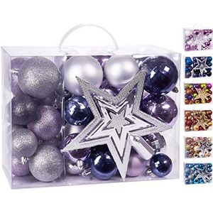 BRUBAKER 50-Delige Kerstballen Set met Boomtop - Kerstboomversiering in Paars Zilver