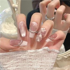 Handgemaakte Sweet Diamond Grid Decoratie Press-On Nagels Franse Glitter Roze Kattenoog Nepnagels Draagbare Herbruikbare Koreaanse Bruids Nepnagels(Pink,S)
