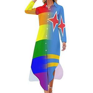 LGBT Pride Aruba vlag dames maxi-jurk lange mouwen knopen overhemd jurk casual feest lange jurken S
