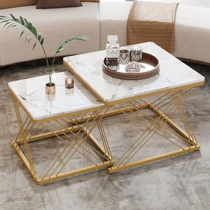 FAYICIC Stijlvolle 2-delige salontafelset, vierkante tafels van 60 x 60 x 45 cm en 45 x 45 x 40 cm, hoogglanzende marmerlook, in hoogte verstelbare poten, hoogglans combi-salontafel (wit + goud)