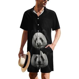 Panda Bear Face on Black Hawaiiaanse pak voor heren, set van 2 stuks, strandoutfit, shirt en korte broek, bijpassende set