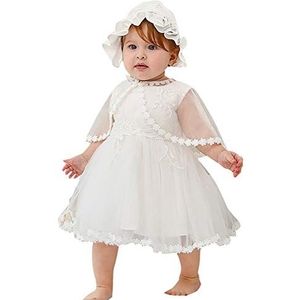 Happy Cherry Kanten jurk voor kleine meisjes formele bruiloft verjaardag jurk met hoed en sjaal voor baby meisjes jurk prinses wit 3-24 maanden, Kleur: wit, 12-15 Maanden