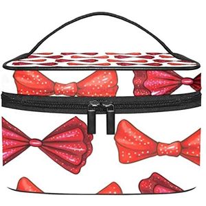 Roze zwart gouden gestippeld patroon make-up tas voor vrouwen meisjes cosmetische tassen met handvat reizen make-up organizer tas, Rode kleur strikken stropdas patroon, 8.9x5.9x5.4 Inches, Make-up zakje