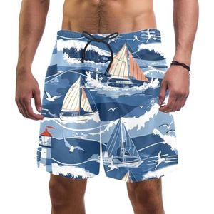 PAFEFO Nieuwigheid boardshorts voor heren, strandvakantie, feest, sneldrogende badpakken met blauwe zee, zeilboot, vuurtorenontwerpen, Blauwe Zee Zeilboot Vuurtoren, L