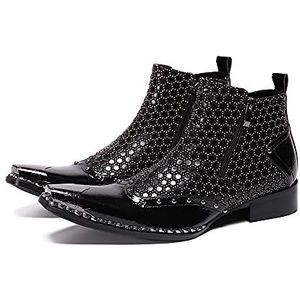 ZZveZZ Mannen Zwarte Laarzen Metallic Lederen Rubberen Schoenen (Color : Black, Size : 41 EU)