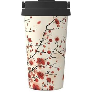 EdWal Japanse lente pruim bloemenprint 500 ml koffiemok, geïsoleerde campingmok met deksel, reisbeker, geweldig voor elke drank