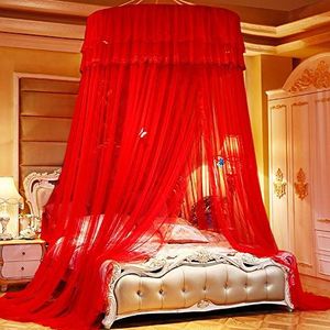 Mengersi Bed Luifel Klamboe - Prinses Elegante Kant Ronde Sheer Mesh Bed Gordijnen - Prinses Dome Beddengoed Net voor Twin Volledige Koningin King Size (Rood)