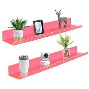 Zwevende acryl wandplanken， Acryl Lange Zwevende Boekenplanken Aan De Muur Gemonteerd Set van 2, Aan De Muur Hangende Boekenplanken Display Planken, Kamerdecoratie Zwevende Wandplanken(Neon Pink,24 In