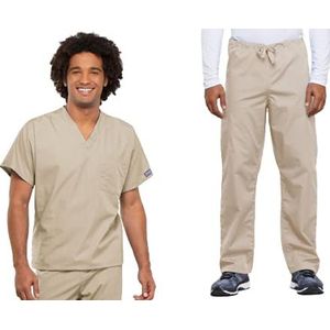 Dames Scrubs Set Werkkleding Originals 4777 V-hals Tuniek Top & 4100 Trekkoord Cargo Broek, Kaki - 2XL Top/3XL Broek