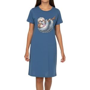 Meisjesnachthemd met korte mouwen, zachte single-jersey van 100% katoenen motieven, Grijs blauw - luiaard met meisje, 164
