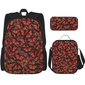 SUHNGE Monarch Vlinders Print 3 stks Rugzak Schooltas met Lunch Tas Set Potlood Case voor Meisjes Middelbare School, Monarch Vlinders, Eén maat