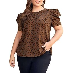 damestop in grote maten Plus blouse met pofmouwen met dalmatische print (Color : Coffee Brown, Size : XXL)