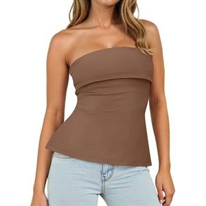 Sukiglam Buistop voor dames, zomer, mouwloos, bandeau-top, elastisch, slim fit, strapless blouse, rugvrij, Y2k outfits, non-slip schoudervrij bovendeel met dubbellaagse bust, sexy zijsplit, bruin, S