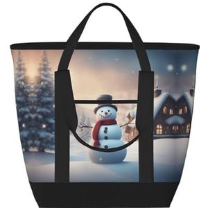 JEJEA Merry Christmas leuke sneeuwpop print lunchtas voor vrouwen, geïsoleerde draagtas met grote capaciteit, herbruikbare lunchtas voor picknick