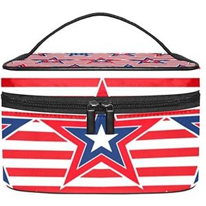 Rode Gestreepte Blauwe Rode Sterren Make-up Organizer Bag, Reizen Make-up Tas Organizer Case Draagbare Cosmetische Tas voor Vrouwen en Meisjes Toiletartikelen, Meerkleurig, 22.5x15x13.8cm/8.9x5.9x5.4in