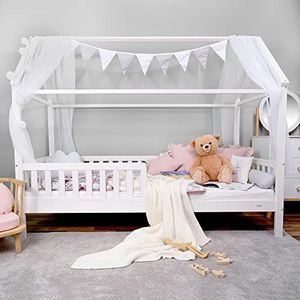 Alcube Huisbed 80x160 cm met matras - 3 tot 9 jaar - veelzijdig houten kinderbed voor jongens en meisjes - massief hout kinderbed met valbeveiliging en lattenbodem kinderbed 160x80 cm - wit