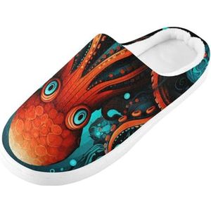 KAAVIYO Coole rode octopussen cartoon blauwe raket outdoor pantoffels katoenen huisschoenen winter antislip pluizige voeten slippers voor binnen mannen vrouwen meisje, Patroon, X-Large